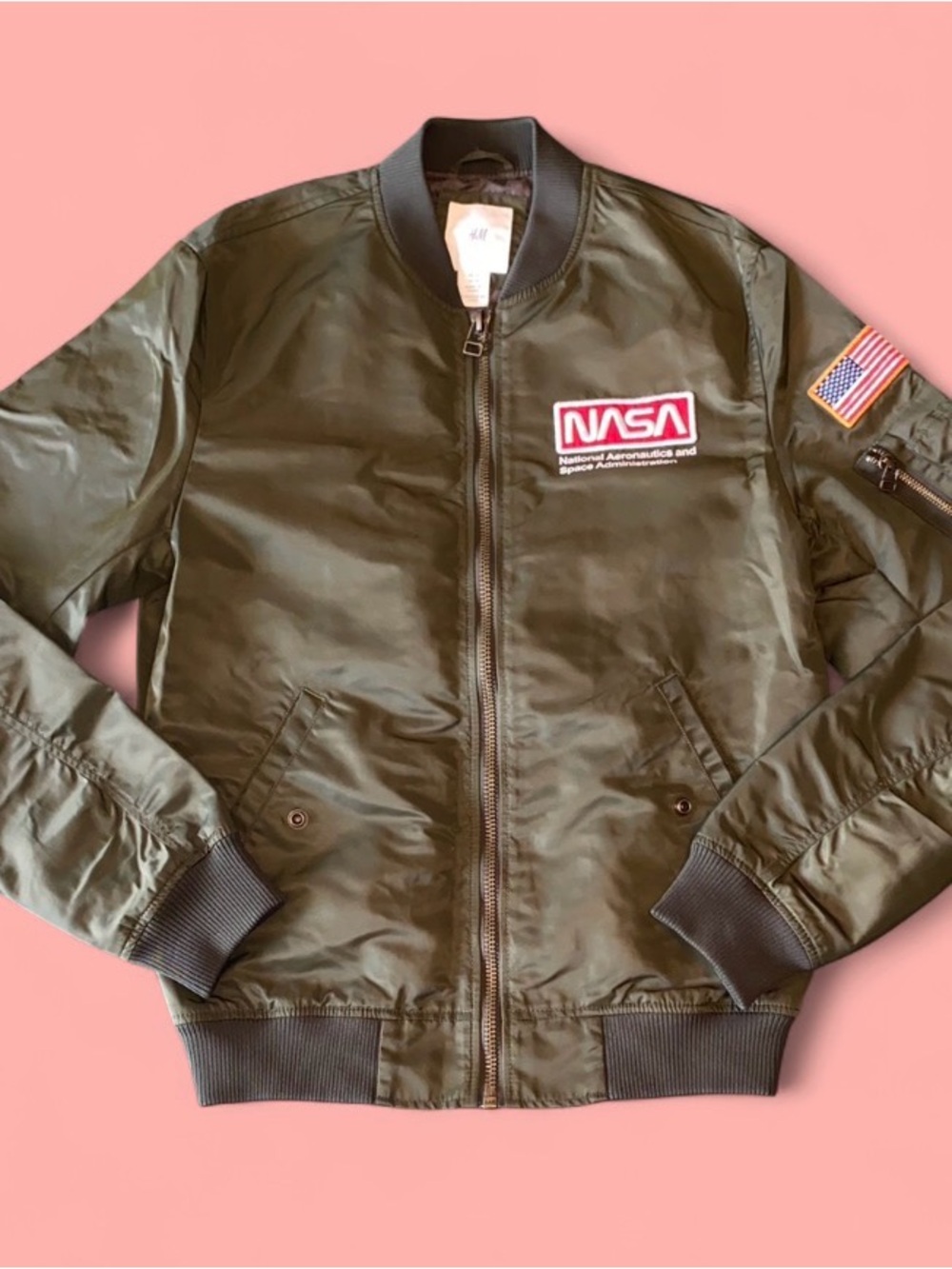 Olive Green H&M Bomber Jacket with NASA Patches - Women’s Size XS